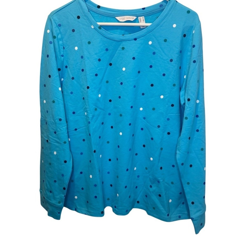 Sport Savvy Womens Blue Polka Dot Long Sleeve Crew Neck Sweatshirt Top M NEW